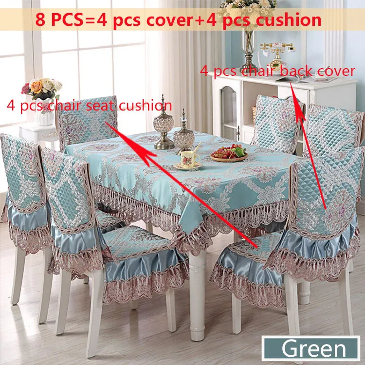 Green 8pcs Luxury Europe Table Cloth Satin Printed Lace Chair Cover Cushion Set Hotel Wedding Decorat Banquet Home Dinning Tablecloth Set - Цвет: Green 8pcs