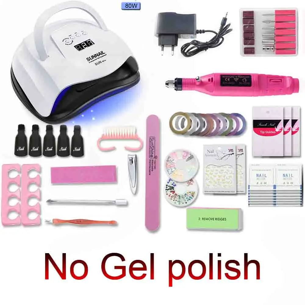 80W-No-polish Лак для ногтей, комплект одежды для девочек ростом 80/54/36 Вт УФ светодиодная лампа с множеством Электрический Фрезер для ногтей, сверлильный станок, инструменты для маникюра, 10 видов цветов лак для ногтей Гель-лак 1 база 1 Топ влево/вправо комплект - Цвет: 80W-No-polish