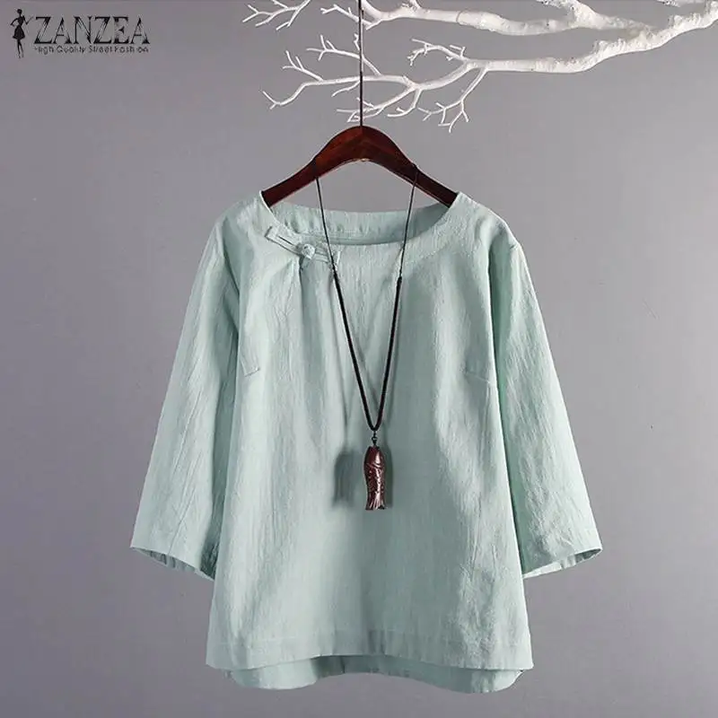 ZANZEA, женская рубашка, блузка, Ретро стиль, на одной пуговице, Blusas, для девушек, повседневная, хлопок, туника, топы, для работы, офиса, рубашки, женская одежда размера плюс