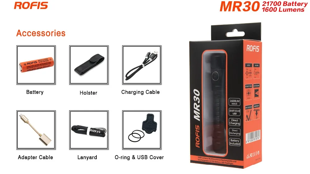 Rofis MR30 USB Перезаряжаемый фонарик CREE XHP35 HI max 1600 люмен расстояние луча 335 м уличный с