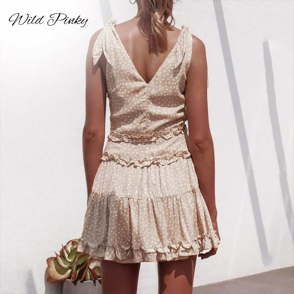 Женское платье в горошек Пляжное без рукавов с v-образным вырезом летнее | Женская