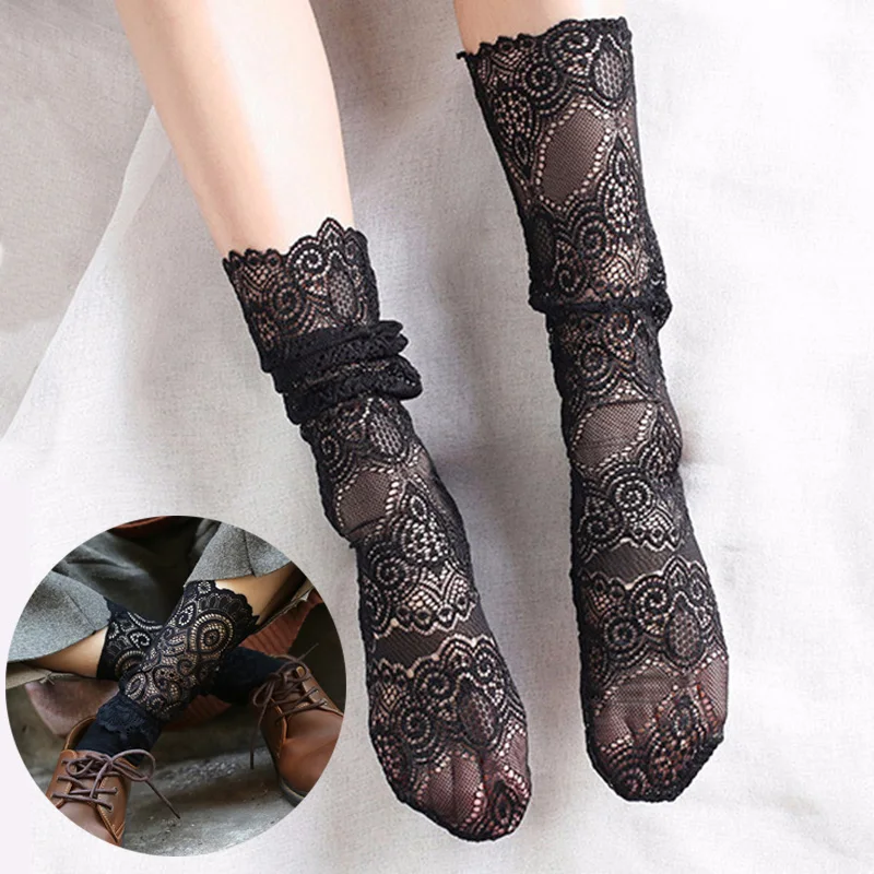 Модные кружевные женские носки с цветочным принтом сетчатые в стиле ретро для