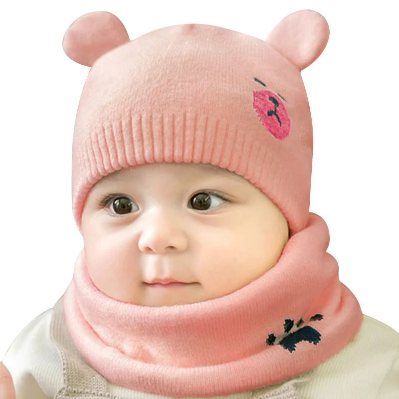 Cartoon Baby Hat Scarf Set Spring Cotton Beanie For Girls Cute Bear Soft Newborn Boys Clothing | Детская одежда и обувь