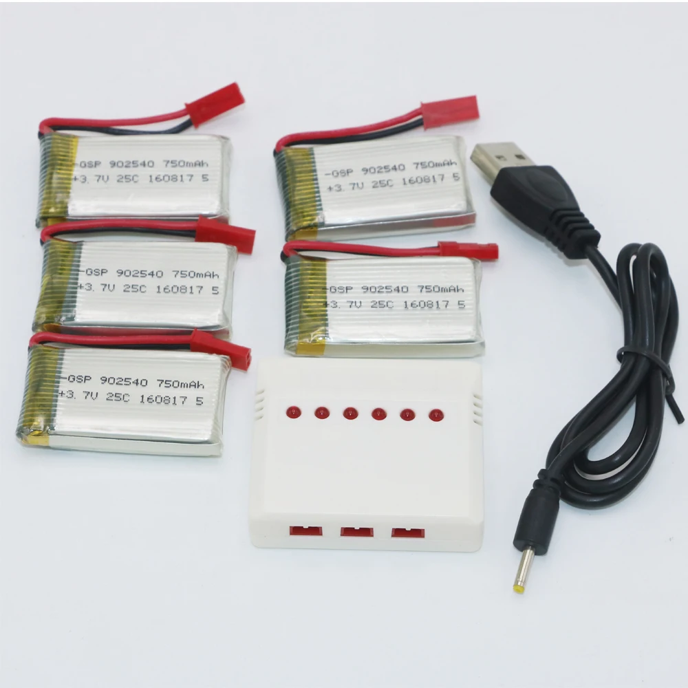 6 в 1 Lipo зарядное устройство 3 JST порт + 5 шт 7 V 750mah 25C батарея для MJX X400 X800 X300C Rc Quadcopter|3.7v