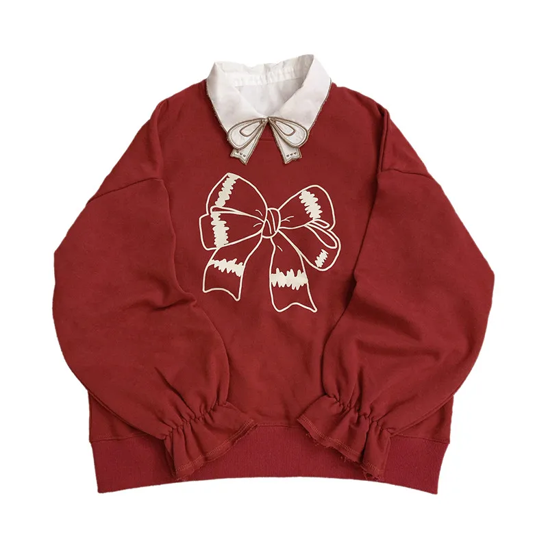Милые красные женские толстовки 90s одежда японская Лолита Kawaii негабаритных пуловер для девочек-подростков милый Графический Рождественский Свитшот