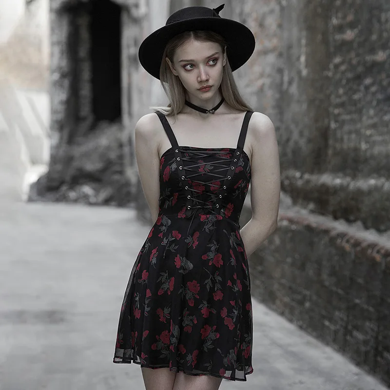 PUNK RAVE Women Punk Summer Dress Fashion Casual Flower Chiffon Mesh Spliced Girl Gothic Party | Женская одежда