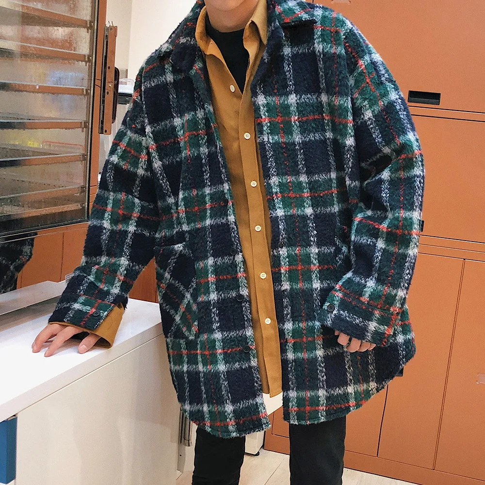 

2019 Men's Fashion Trench Wool Blend Lattice Overcoat Loose Casual Grey/Green Cotton-padded Clothes Woolen Cashmere Coat M-2XL