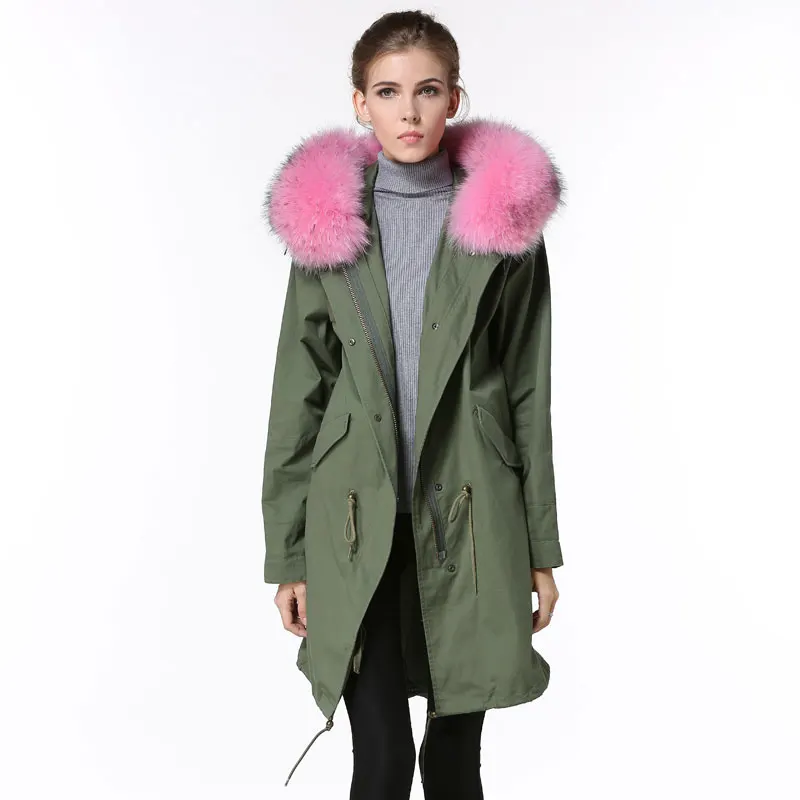 

Hot sale Raccoon fur collar Spring jacket and Autumn long style wind coat