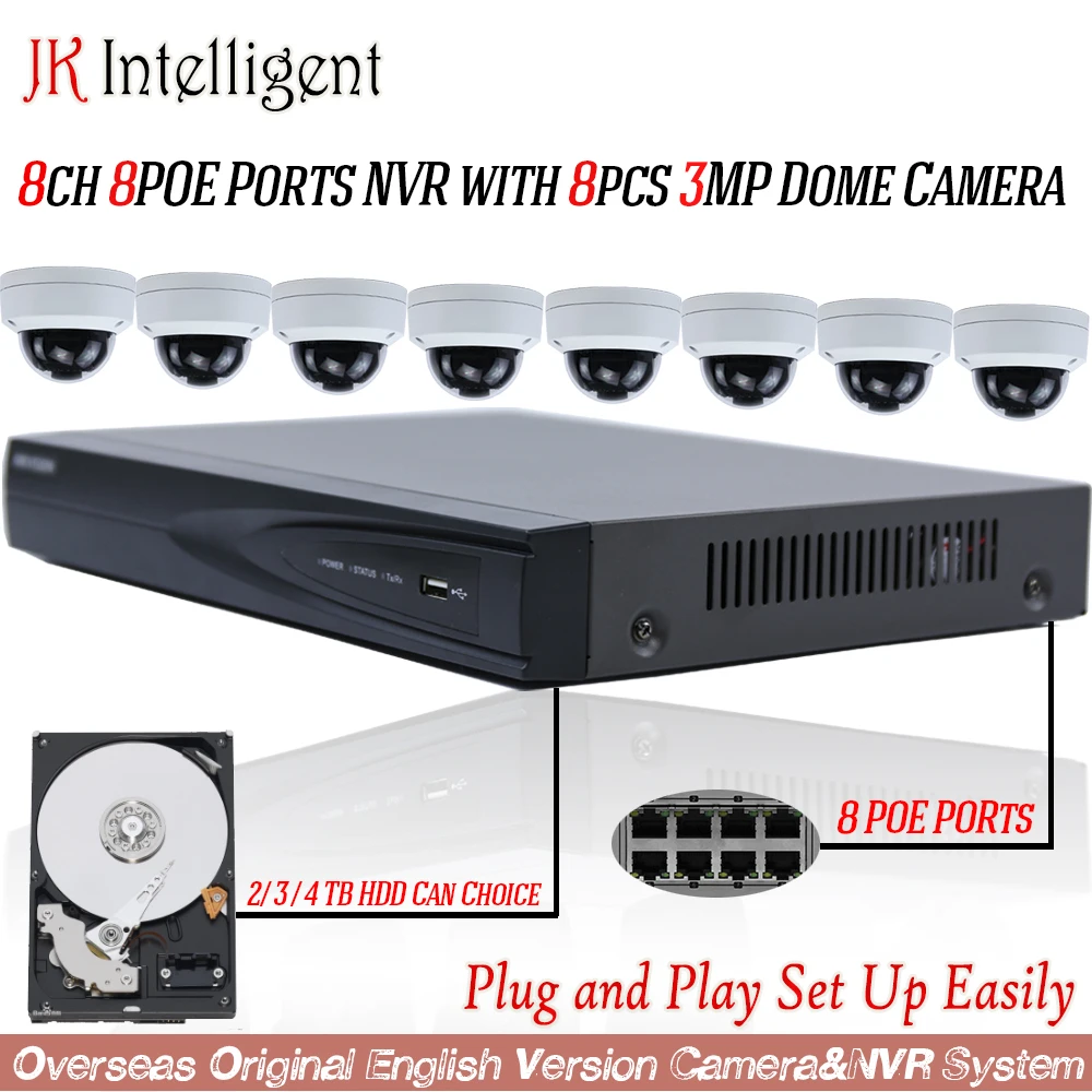 8ch 8POE порты NVR 8 шт. 3MP купольная IP камера Plug Play H.264 CCTV система видеонаблюдения