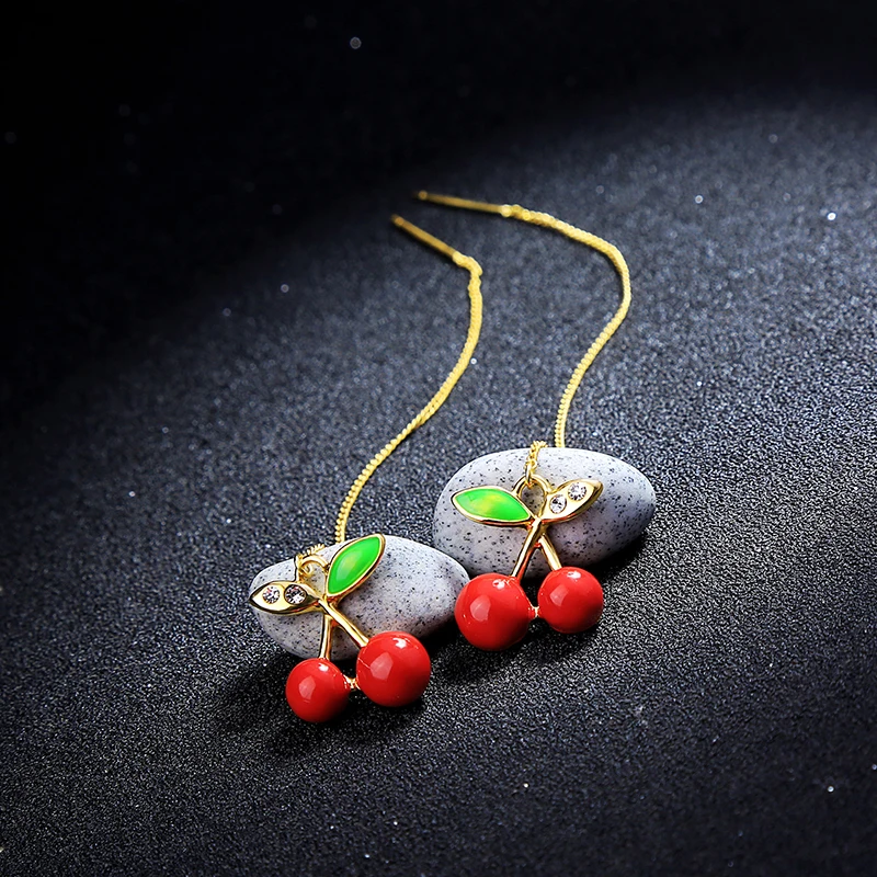 Charm Zircon Sweet Fruit Red Cherry Long Earrings For Women Lovely Ear Line Threader Best Gift Fashion Jewelry | Украшения и