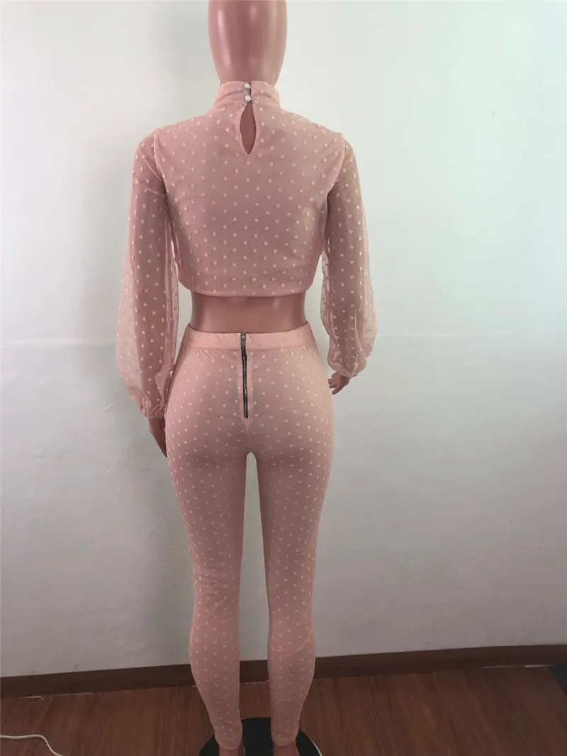 Adogirl/Модный комплект из двух предметов в горошек из прозрачной сетки; топ с длинными рукавами и воротником-фонариком+ брюки-карандаш; повседневный костюм; Клубная одежда