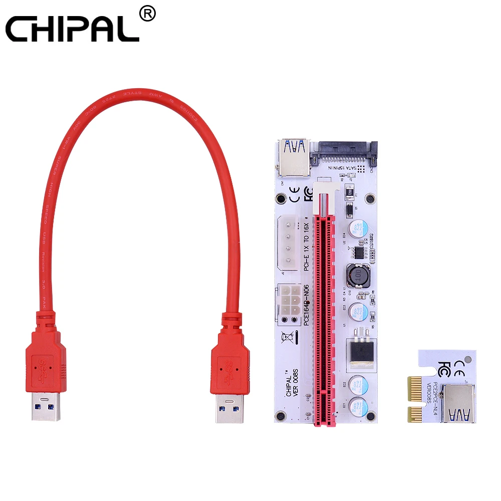 CHIPAL 10 шт. VER008S 30 см PCI E Райзер карта 008S Express PCIe 1X к 16X адаптер 4 контактный 6 SATA Power для