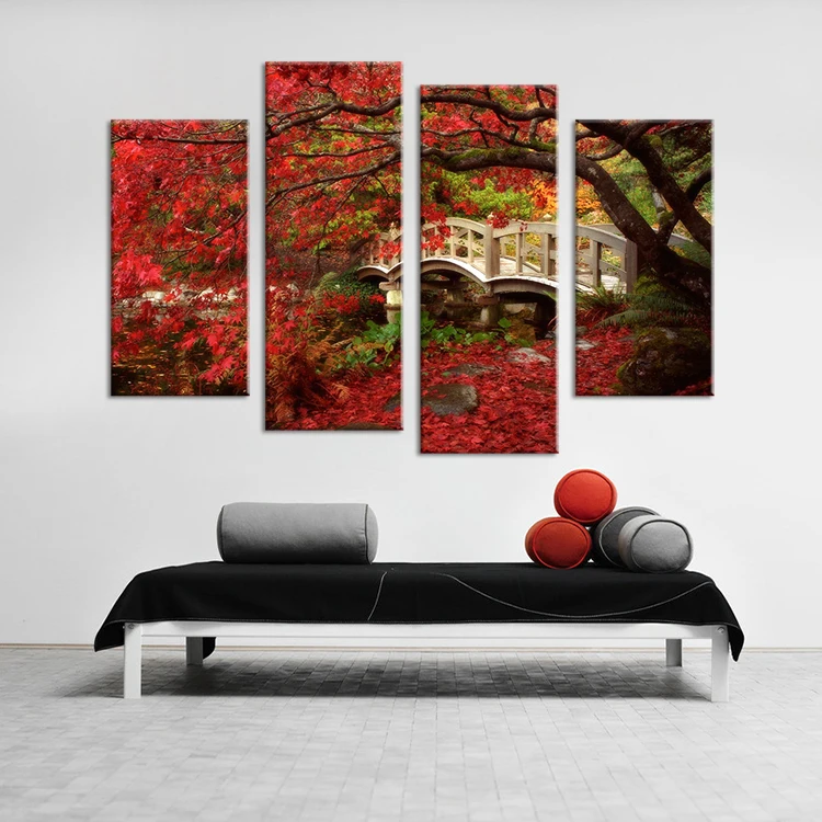 4 шт. красный лист дерева на земле настенная живопись Печать холсте для домашнего
