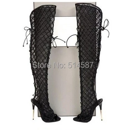Hot Selling Black Mesh Gold Metal Heels Lace-up Over The Knee Boots Open Toe Cut-outs Gladiator Sandals Drop Shipping | Обувь