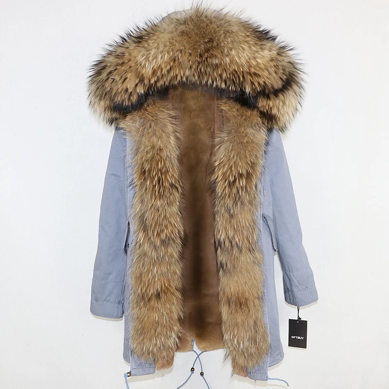 OFTBUY длинная парка, пальто из натурального меха енота, зимняя куртка для женщин, уличная верхняя одежда, Толстая Теплая Повседневная куртка с большим меховым воротником - Цвет: grey natural
