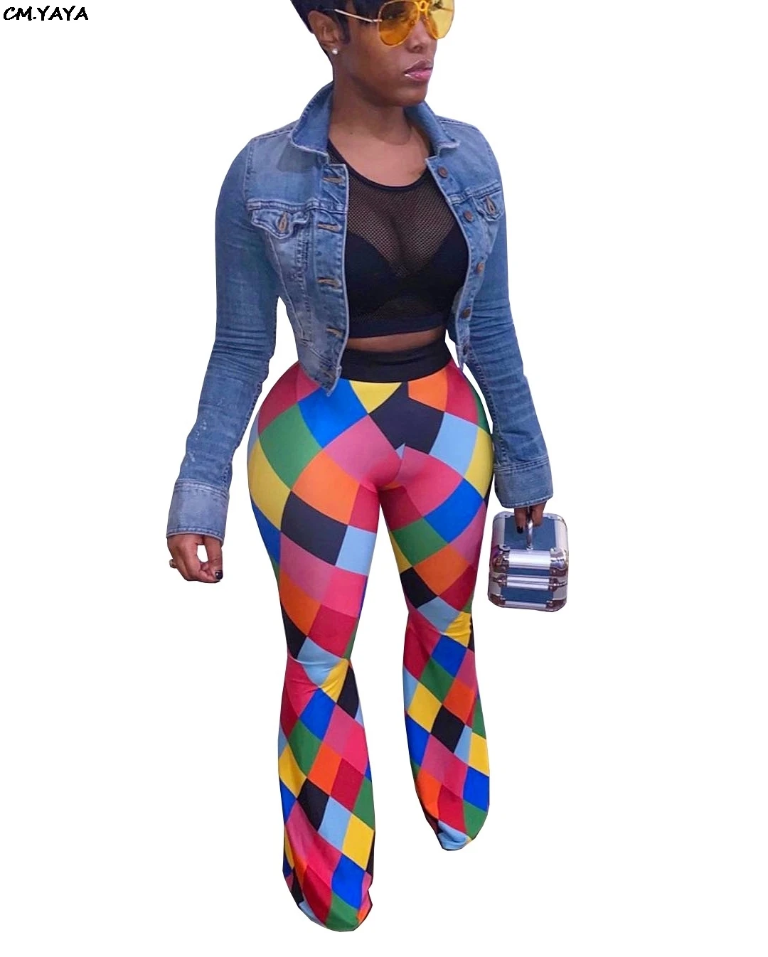 2019 women colorful plaid high waist sexy boot cut long pants beach wide leg leggings active wear trousers S-3XL A5046 | Женская одежда