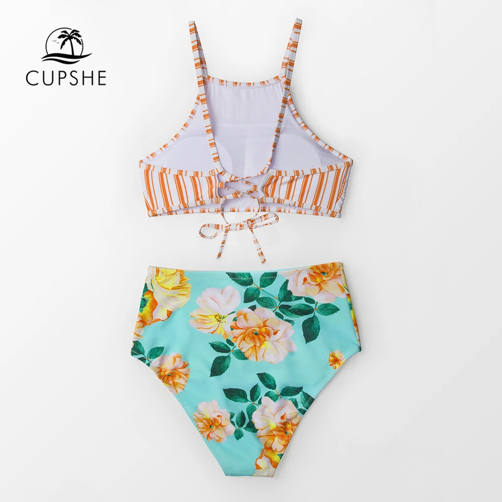 Женский купальник бикини CUPSHE с оранжевой полоской и цветочным принтом высокой