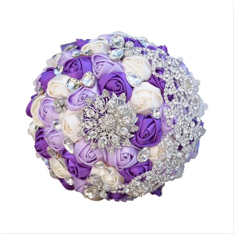 Purple Beige JaneVini Роскошная атласная роза ручной работы свадебные букеты со стразами Свадебные цветы Ramo Novia Flor искусственные - Цвет: Purple Beige