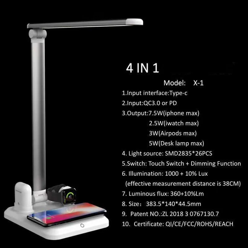 4 в 1 Smart светодиодный настольная лампа Qi Беспроводной Зарядное устройство для iPhone XS XR Max Быстро настольных Беспроводной зарядного устройства для samsung S10 huawei