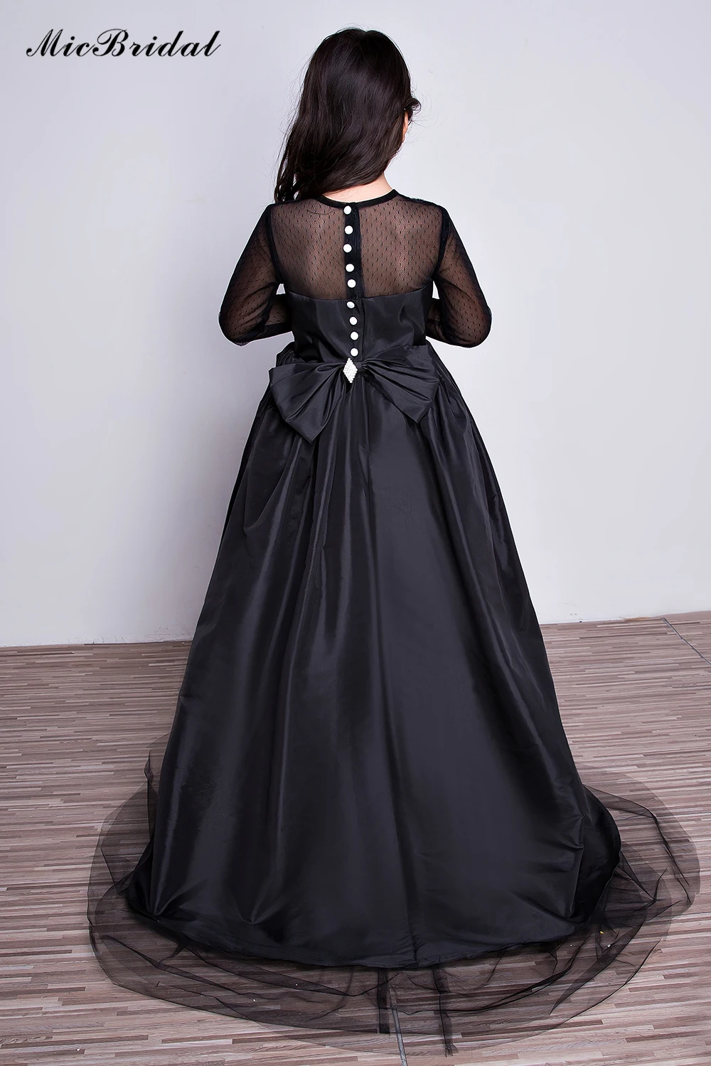 Micbridal Girls' Long Sleeves Satin Material Buttons&ampBow Embellished Back High-Low Sweep Train Prom Dress Evening Gown | Свадьбы и