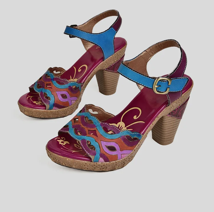 Plus Size Women Sandals 8 CM Super High Heels Chunky Summer Shoes Embroidery Ladies Retro Sandals Genuine Leather Retro Shoes