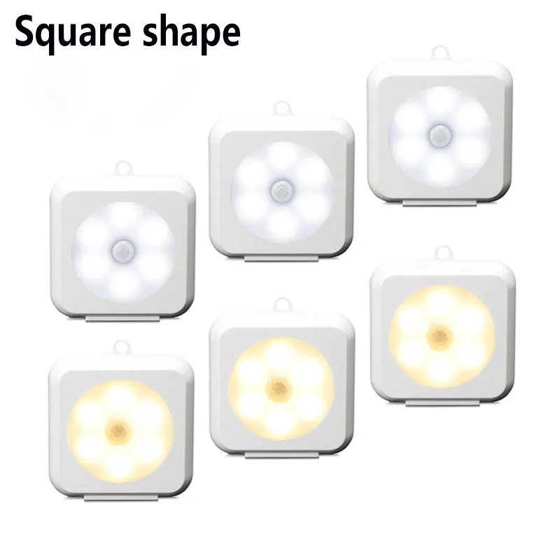 Square shape Инфракрасный датчик движения PIR 6 светодиодный Ночной светильник на батарейках, настенный светильник в любом месте, светильник для прихожей, шкафа, светильник под шкаф - Испускаемый цвет: Square shape