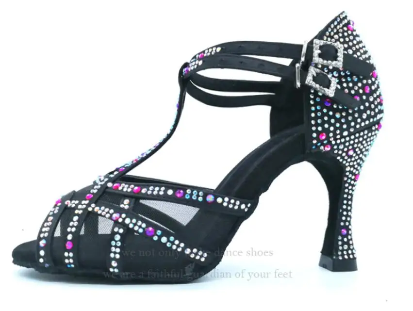 black heel 8.5cm Бальные туфли для латинских танцев, сальса, танцевальные туфли для латиноамериканских танцев, женские черные туфли на каблуках, стразы, двойная Пряжка, удобные - Цвет: black heel 8.5cm