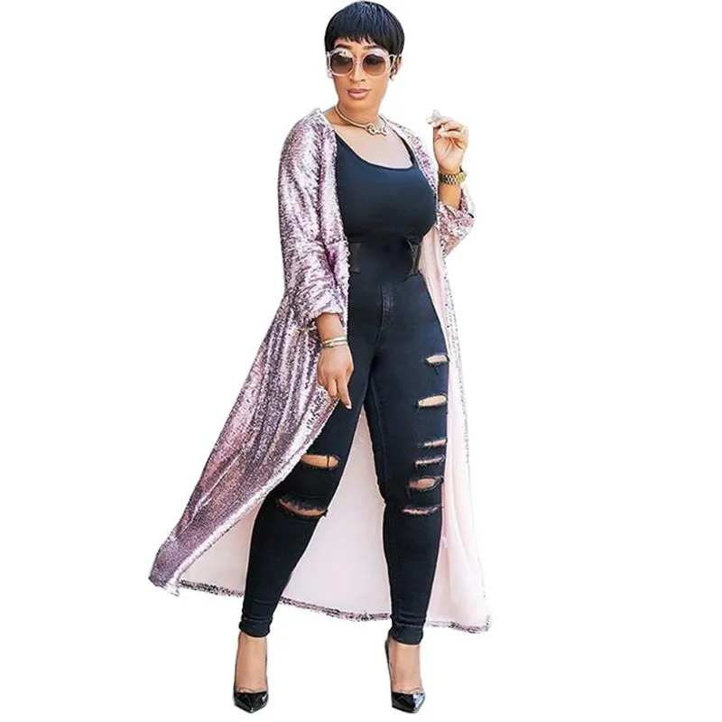 Women Autumn Sparkly Gold Long Cardigan Coat Open Front Sequin Party Glitter Trench Outwear | Женская одежда