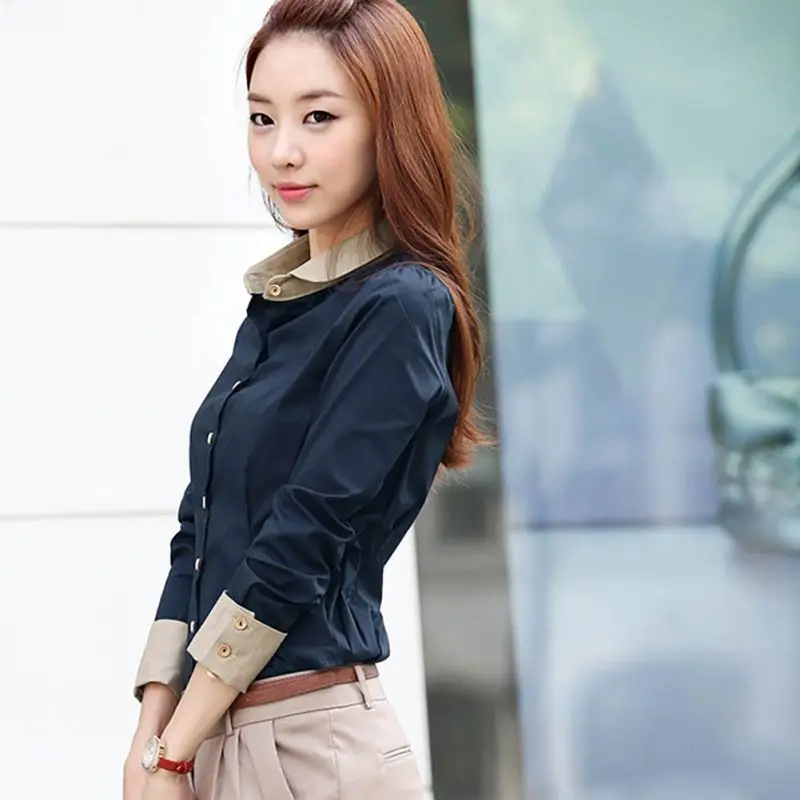 

Women Doll Collar Shirts Fashion Long Sleeve Bottoming Button Down Office Lady Slim Blouse Tops