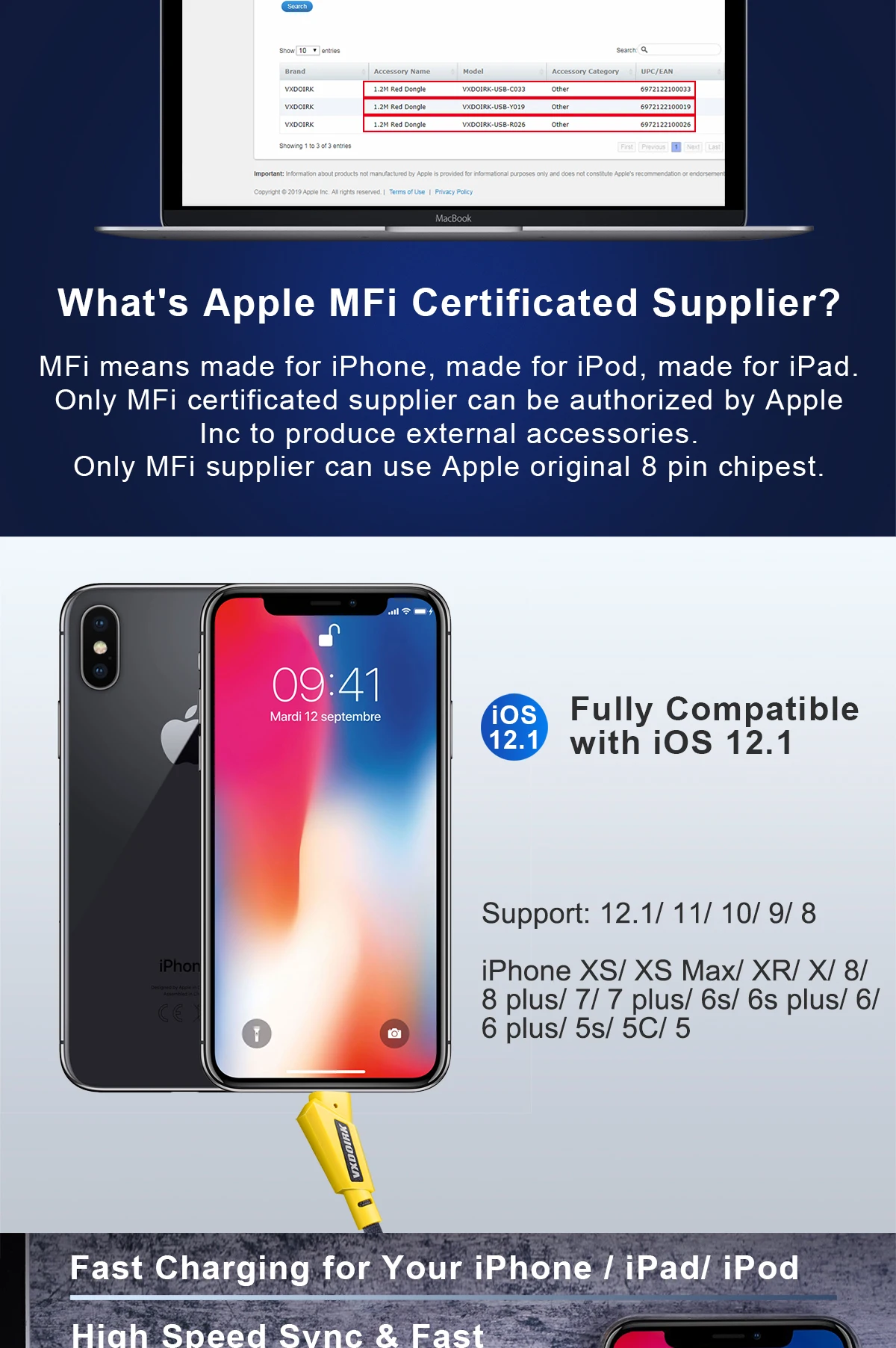 Vxdoirk MFi кабель USB для iPhone X Xs X Max XR 2.4A кабель для iPhone 8 7 6 Plus