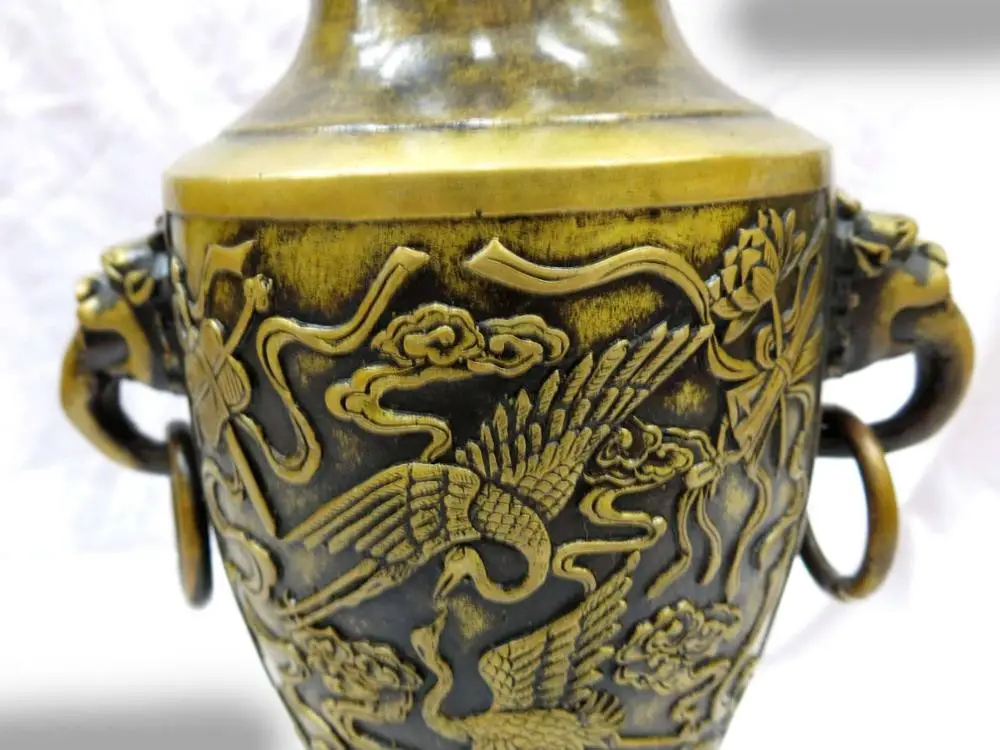 13 &quotКитай латунь тонкой работы лаки Два краны восьми сокровищ Вазы Скульптуры |