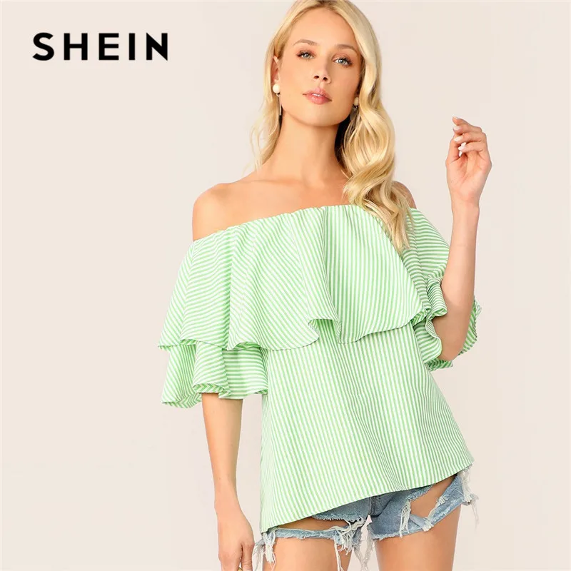 SHEIN Полосатый Топ С Открытыми Плечами И Оборками Летняя Пляжная Блузка С Воланами Для Женщин