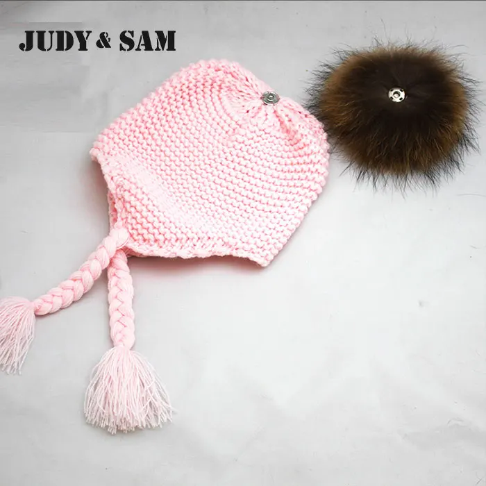 Judy&Sam Girls Winter Fur Pompom Hat Wool Knitted Bomber Hat Crochet Baby Hats Boys Beanie Caps with Real Fur Pompon