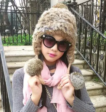 grass yellow Женские вязаные шапки из натурального кроличьего меха для девочек, зимний утепленный Модный милый медведь, меховые шапочки и шапочки с ушками кролика TB375 - Цвет: grass yellow