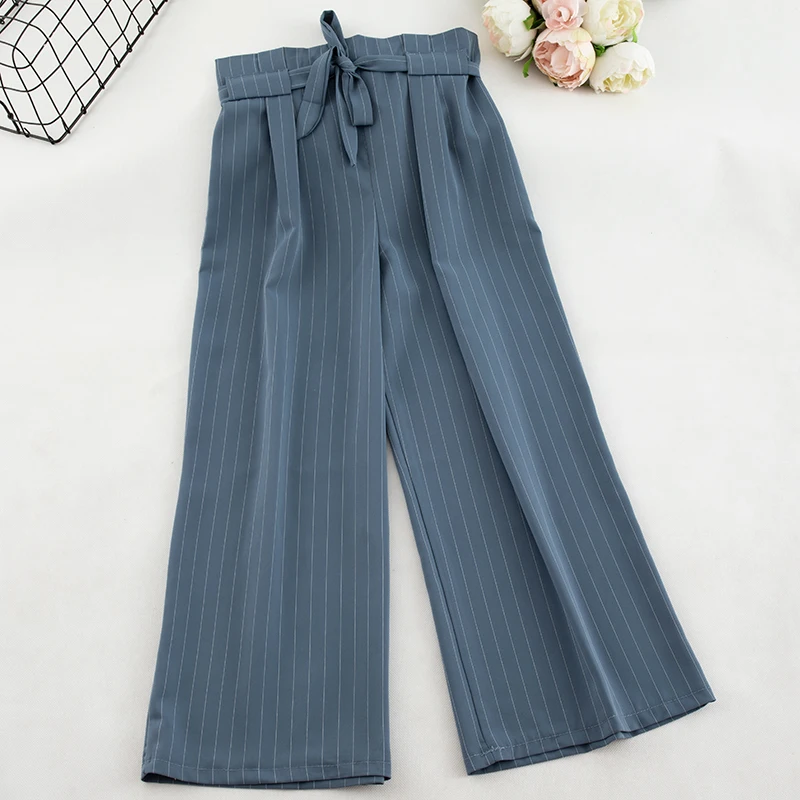 Striped Wide Leg Long Pants Women Sweet Elegant High Waist With Sashes Chiffon Trouser Female Fashion Office Wear Bottoms | Женская