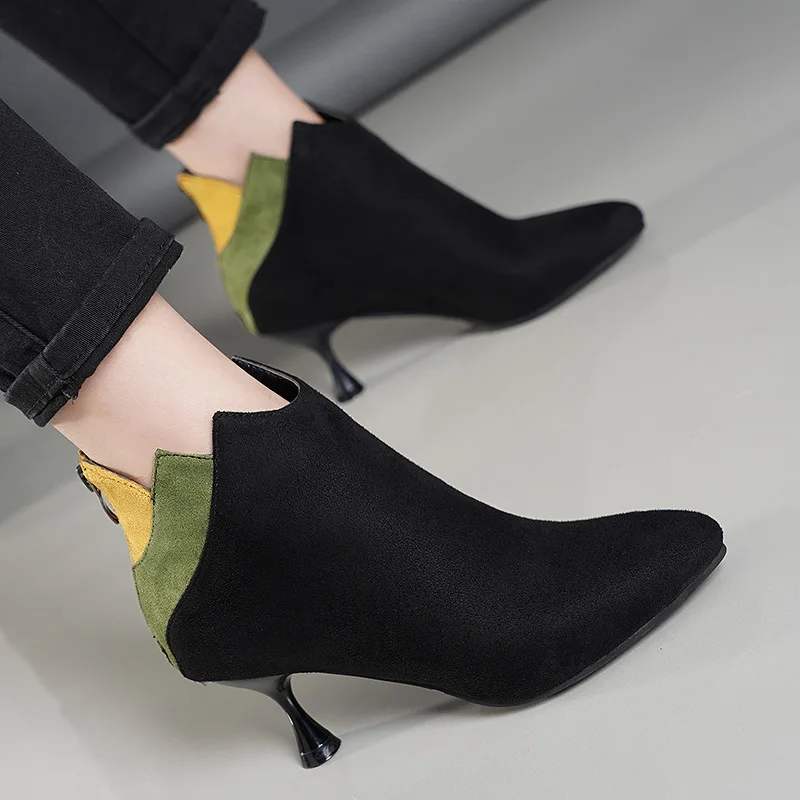 Зеленый желтый лоскутное нубук Женские зимние ботинки странные тонкий каблук