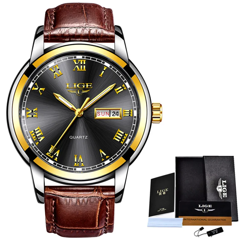 Leather Gold Black LIGE часы мужские модные спортивные Кварцевые полностью стальные золотые деловые мужские s часы Лидирующий бренд Роскошные водонепроницаемые часы Relogio Masculino - Цвет: Leather Gold Black
