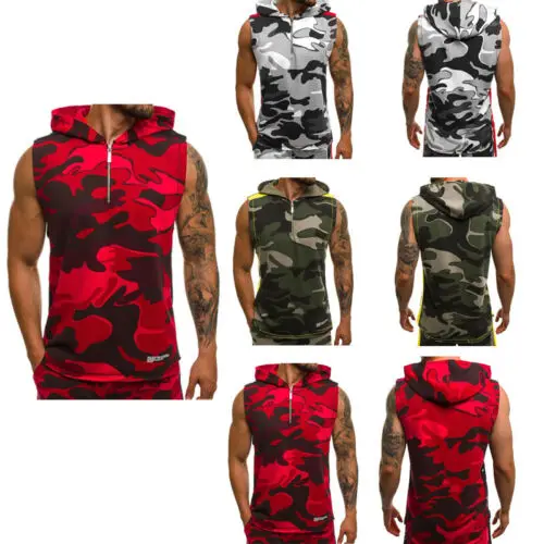 Мужские камуфляжные топы без рукавов на молнии с капюшоном для бодибилдинга