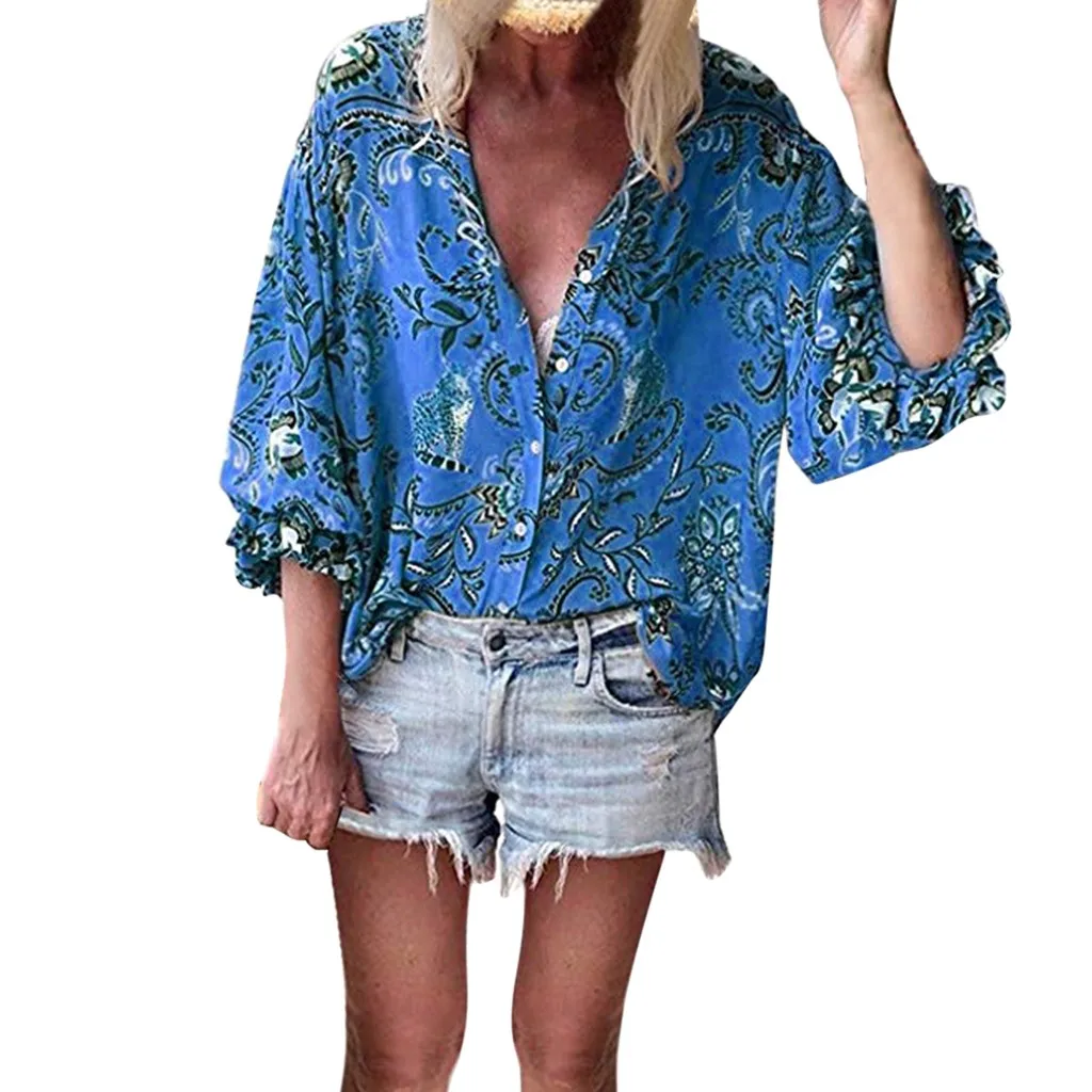 JAYCOSIN Blouse Womens Button sexy V-Neck Floral Print Tops Ruffle Sleeve Summer Shirt Blouses Femme Streetwear 2019 new fashion | Женская