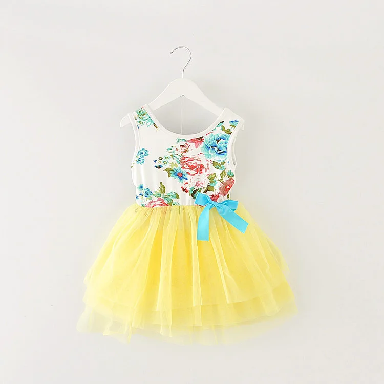 Wholesale Girls Clothing Summer 2017 New Kids Sleeveless Mesh Floral Flower Gauze Dresses Princess Bow Children Clothes 4pcs/LOT | Детская