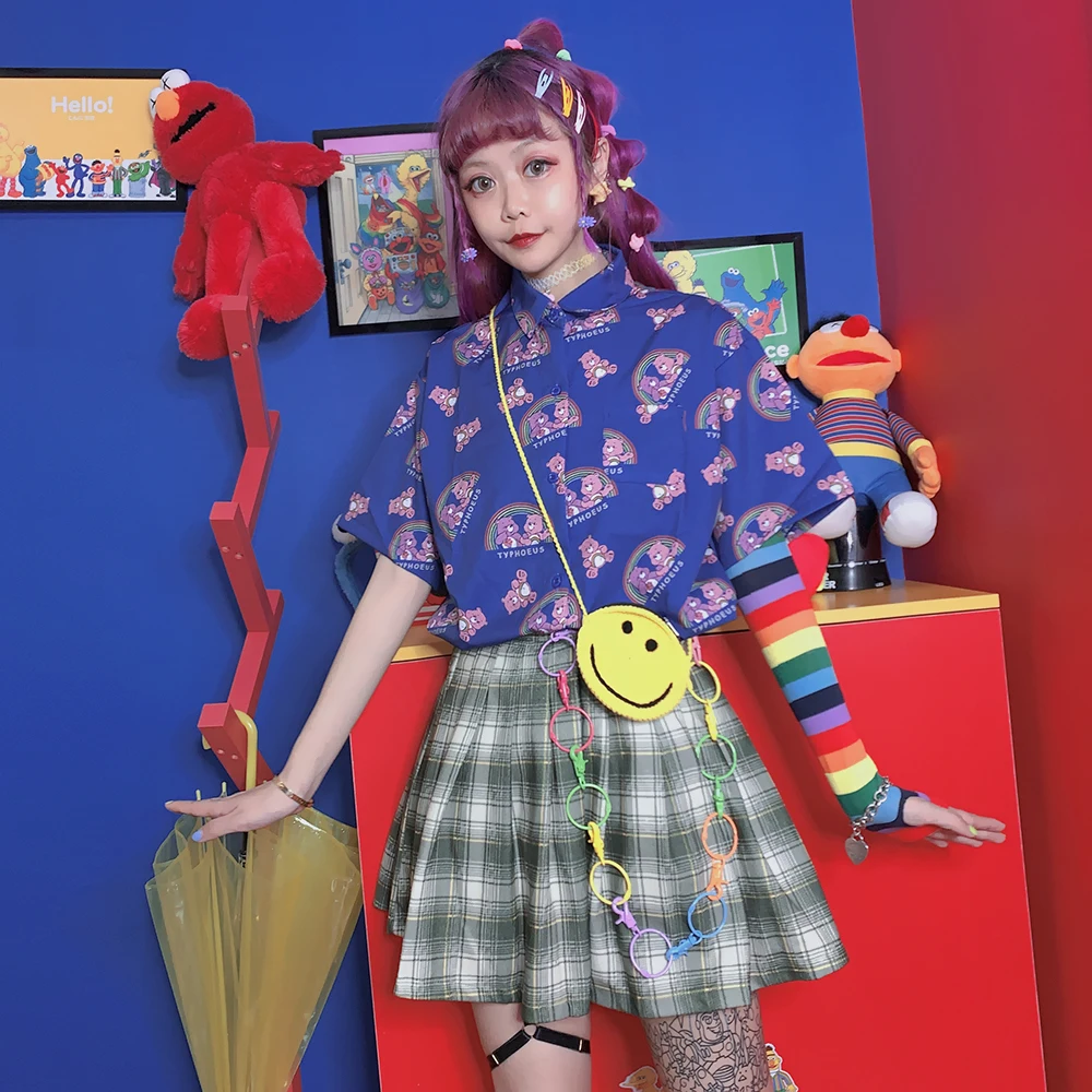 Японский Harajuku девушка сердце мультфильм Радуга милые Детеныши шифон Junior летние рубашки для женщин