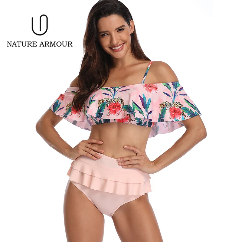 Женский купальный костюм бикини с высокой талией и рюшами однотонный купальник