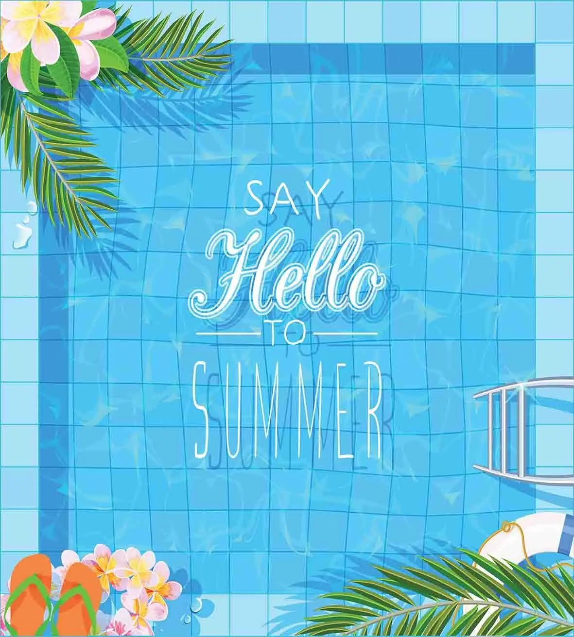 Quote Duvet Cover Set Say Hello to the Summer Slogan on a Pool with Ladder Flip Flops and Flowers Design 4 Piece Bedding | Дом и сад