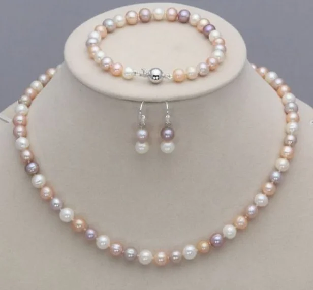 

Wedding women Jewelry Set 18'' 8-9mm AAA Natural Freshwater Pearl Colorful Necklace Bracelet Hook Earring Free Box