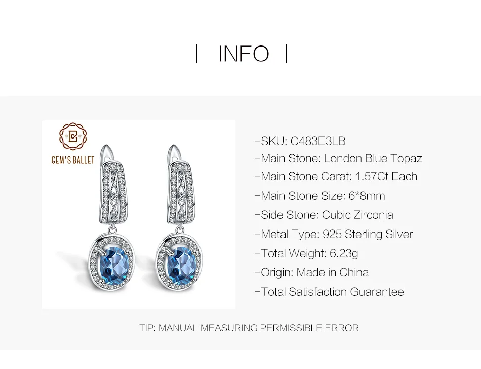 GEM'S BALLET 3.15Ct натуральный Лондон Голубой топаз Драгоценный Камень Висячие серьги 925 пробы серебряные классические серьги хорошее ювелирное изделие для женщин