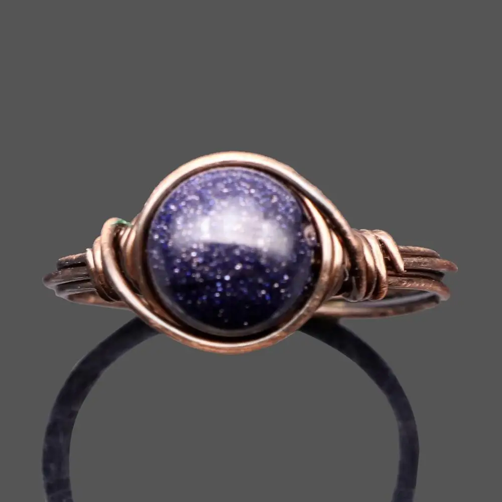 Blue Goldstone Винтажные Ювелирные изделия для женщин, ручная работа, проволока, обернутая, античная латунь, круглые кольца, натуральные аметисты, Агаты, кварц, лава, камень, кольца на палец - Цвет основного камня: Blue Goldstone