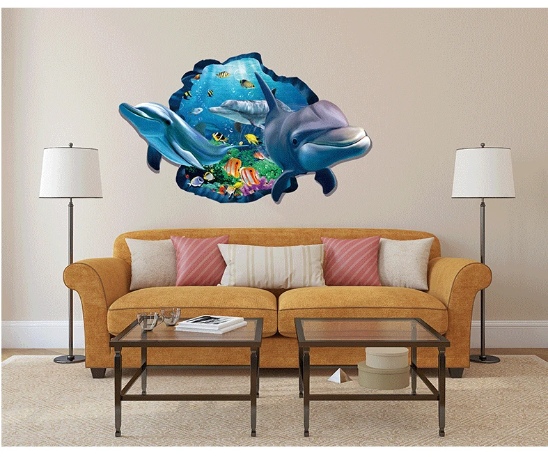 3d Effect Underwater World Dolphin Fish Background Wall Stickers Living Room Bedroom Sofa Decoration|Наклейки на стену| |