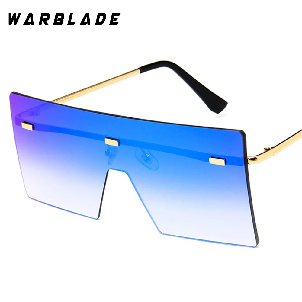 gold blue Женские солнцезащитные очки с большими цельными линзами, квадратные, синие, розовые, коричневые, металлические солнцезащитные очки без оправы для мужчин, мужские uv400 WarBLade - Цвет линз: gold blue