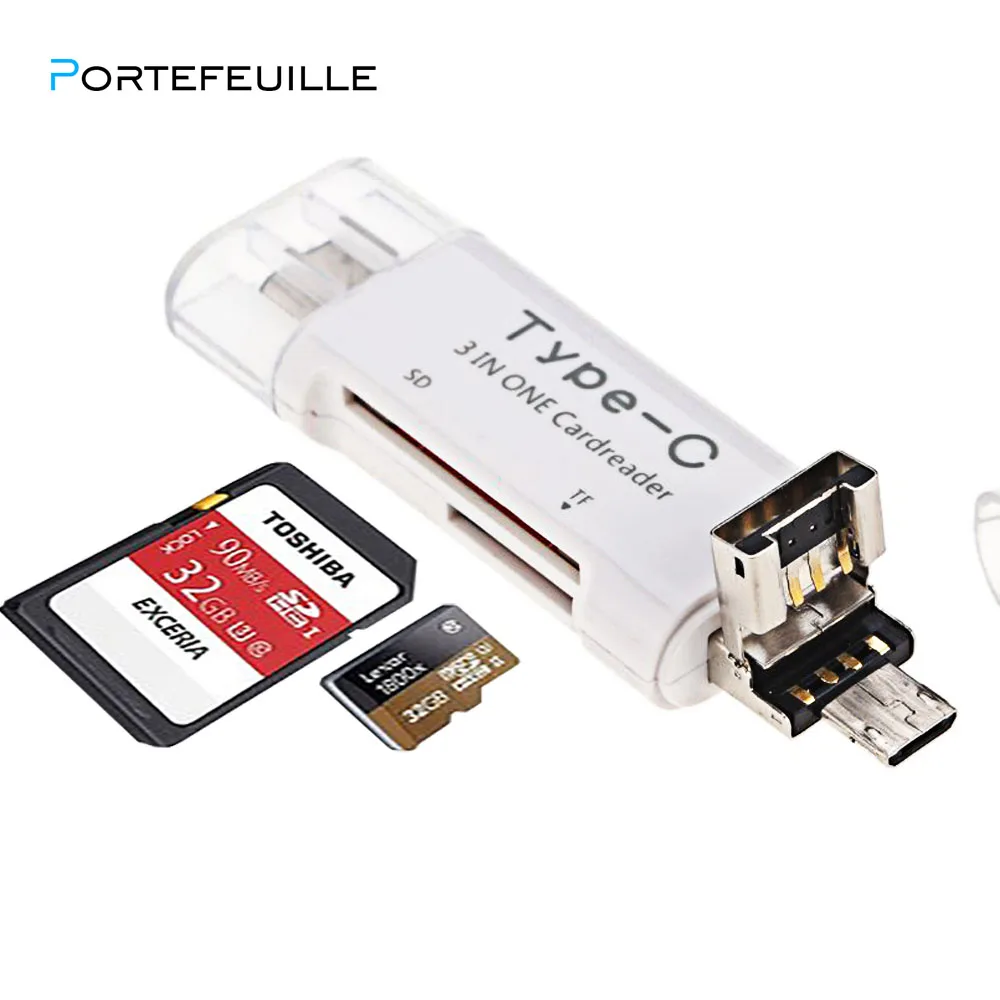 PORTEFEUILLE 3 в 1Type C для Android Phone Tablet PC Micro SD высокоскоростной TF OTG адаптер смарт карт