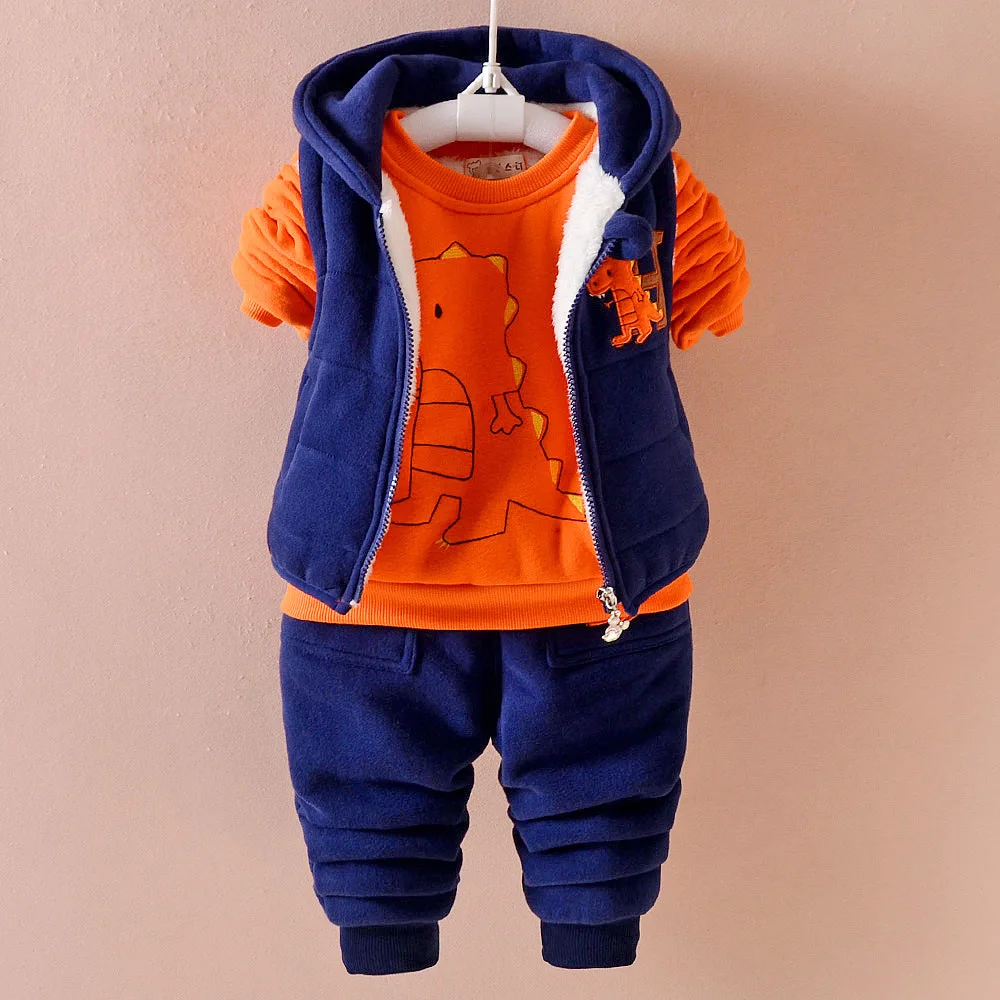 

2022 winter baby clothes sets thick Keep warm fashion cotton Dinosaur boy girl Plus thick velvet 3PCS kid clothes suits clothing